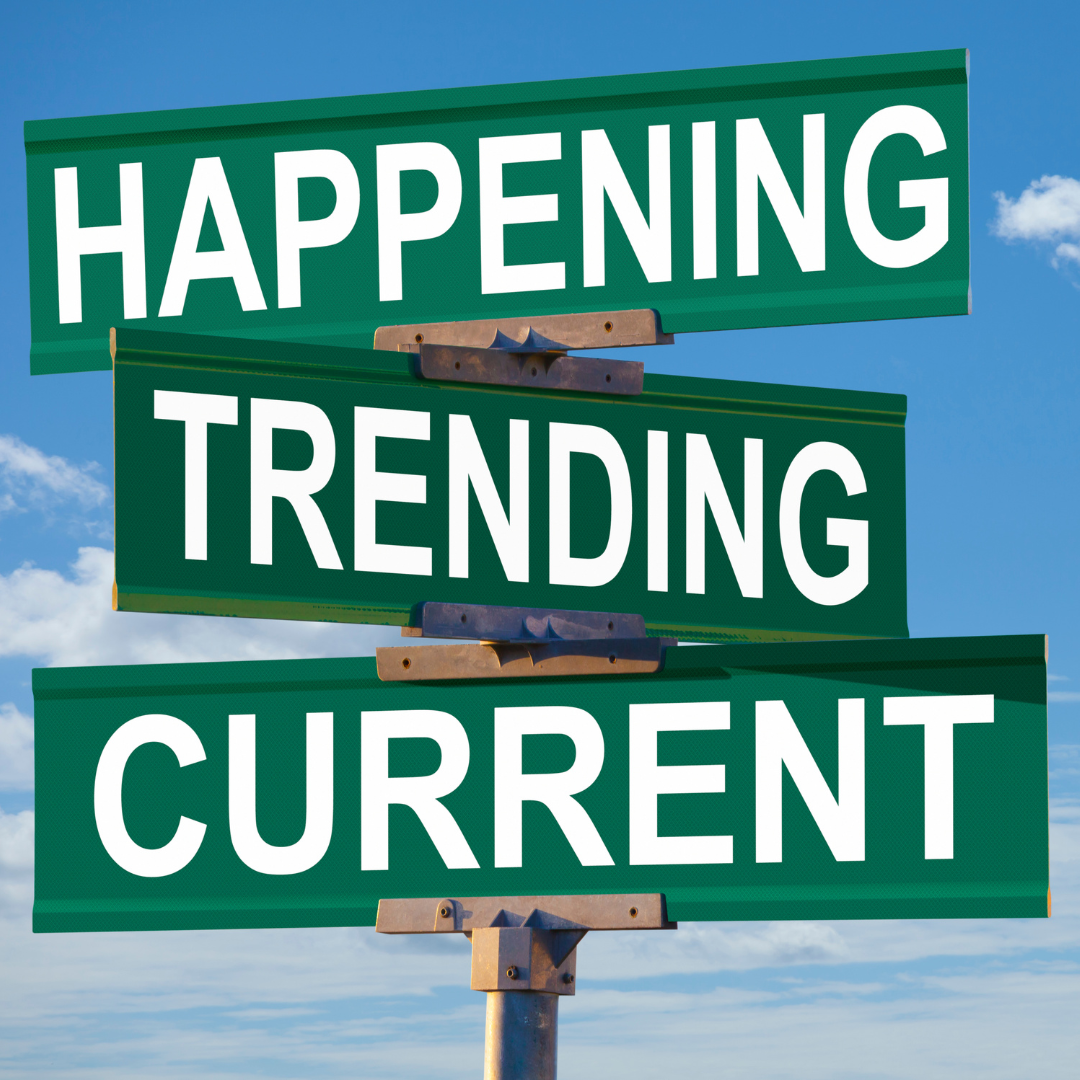 Street sign with the text happening, trending, and current displayed