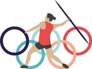 Illustration of a female athlete throwing a javelin over the Olypmic rings