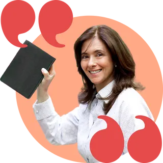 Woman holding a book is surrounded by quotation marks