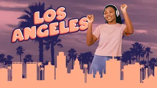 Woman wearing headphones and dancing above the LA skyline