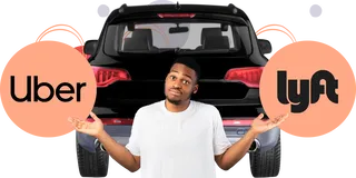 Man in front a car shrugs between the Uber and Lyft logos