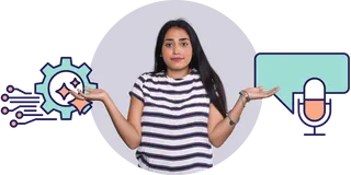 Woman shrugs between an AI icon and a voice icon