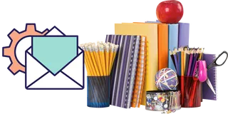 A stack of school supplies appears next to an email icon