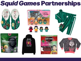 A collage of custom Squid Games branded merchandise 