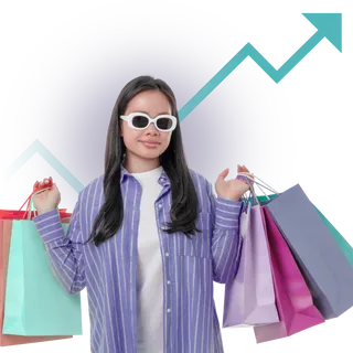 A young woman holds shopping bags in front of an increasing line