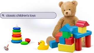 A search bar that reads "classic children's toys" appears over a collection of toys