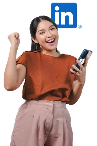 A smiling woman holds a phone in front of the LinkedIn icon