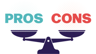 A vector graphic of a scale that is balancing the words "pros" and "cons"