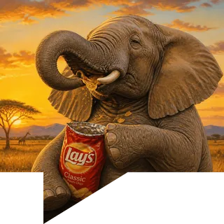 An elephant eating a bag of chips appears in a speech bubble
