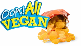 A bag of chips appears behind an "Oops! All Vegan" image