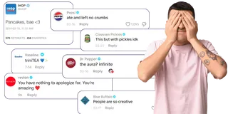A person covers their eyes in front of screenshots of brands' social media comments