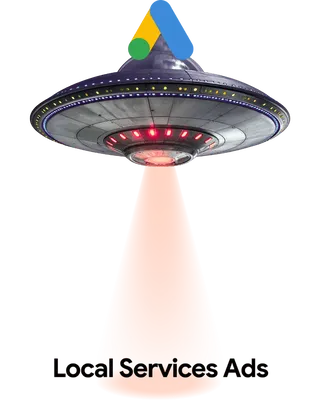 An alien spaceship with the Google Ads logo beams up the Google Local Services Ads logo