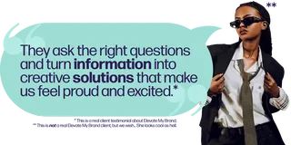 A woman in a suit with a speech bubble containing a rave review of Elevate My Brand