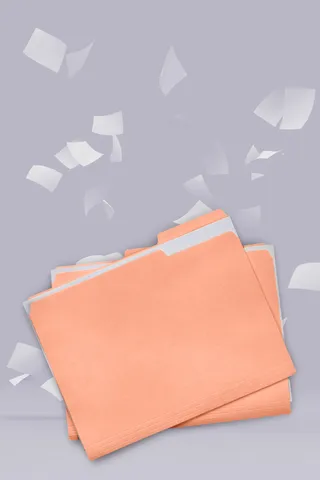 Manila folders appear in front of flying papers