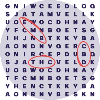 A word search puzzle with "EMB," "THC" and "CBD" circled